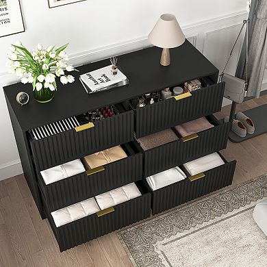 Trikiousd Modern 6-Drawer Dresser, Wave Panel Chest of Drawers for Bedroom