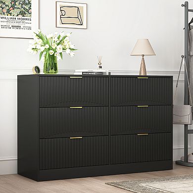 Trikiousd Modern 6-Drawer Dresser, Wave Panel Chest of Drawers for Bedroom