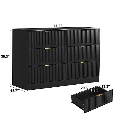 Trikiousd Modern 6-Drawer Dresser, Wave Panel Chest of Drawers for Bedroom
