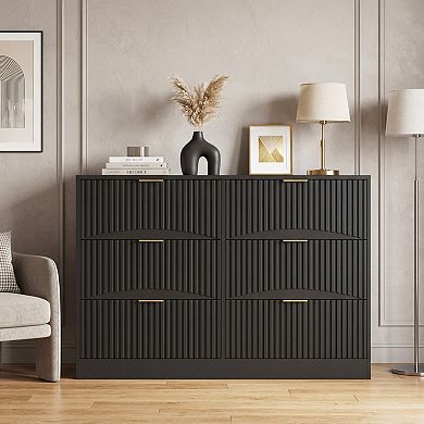 Trikiousd Modern 6-Drawer Dresser, Wave Panel Chest of Drawers for Bedroom