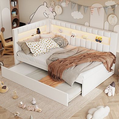 Trikiousd Upholstered Platform Bed with LED Lights, USB Ports and Trundle