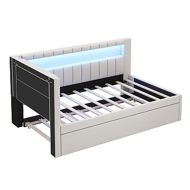Trikiousd Upholstered Platform Bed with LED Lights, USB Ports and Trundle