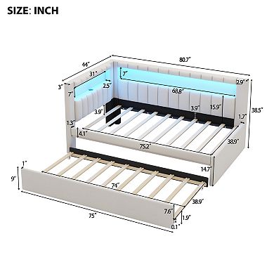 Trikiousd Upholstered Platform Bed with LED Lights, USB Ports and Trundle