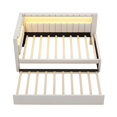 Trikiousd Upholstered Platform Bed with LED Lights, USB Ports and Trundle