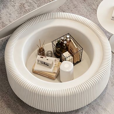 Trikiousd Round Fluted Coffee Table with Glass Top and Hidden Storage