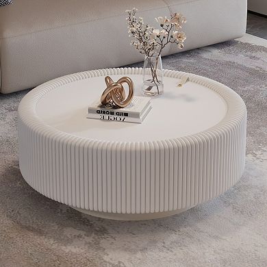 Trikiousd Round Fluted Coffee Table with Glass Top and Hidden Storage