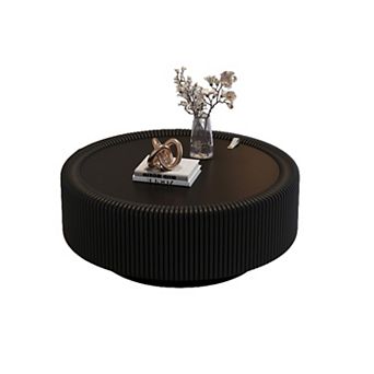 Trikiousd Round Fluted Coffee Table with Glass Top and Hidden Storage