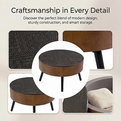 Trikiousd 31.5" Round Coffee Table with Storage, Carved Wood Accent Table
