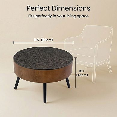 Trikiousd 31.5" Round Coffee Table with Storage, Carved Wood Accent Table