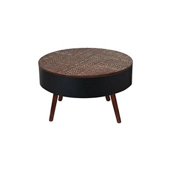 Trikiousd 31.5" Round Coffee Table with Storage, Carved Wood Accent Table