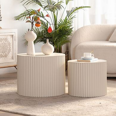 Trikiousd Round Wood Coffee Table with Handcrafted Relief Design