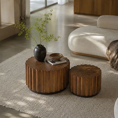 Trikiousd Set of 2 Round Nesting Coffee Tables with Slatted Design