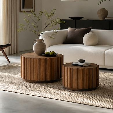 Trikiousd Set of 2 Round Nesting Coffee Tables with Slatted Design