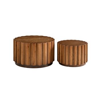 Trikiousd Set of 2 Round Nesting Coffee Tables with Slatted Design