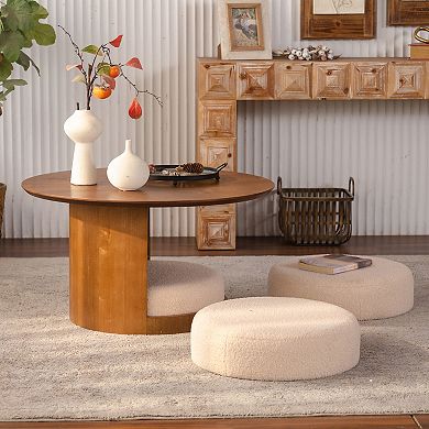 Trikiousd 31.5" Round Coffee Table with 3 Nesting Teddy Fabric Stools