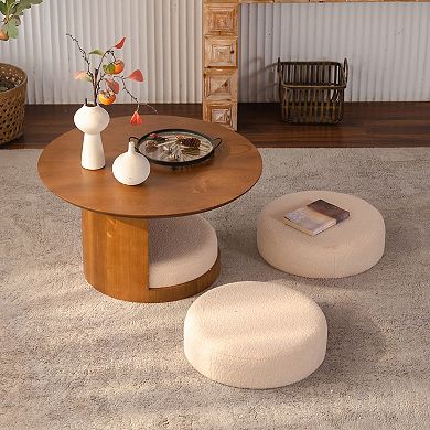 Trikiousd 31.5" Round Coffee Table with 3 Nesting Teddy Fabric Stools