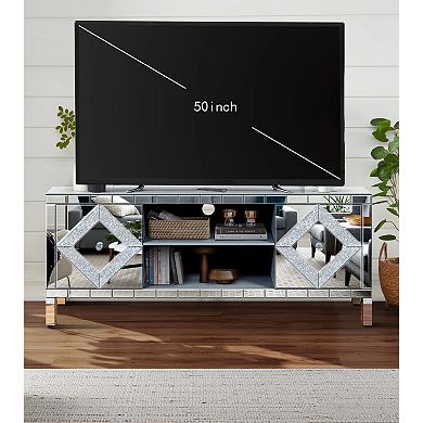 Trikiousd 47 Inch Mirrored TV Stand Media Console with Diamond Glass Doors and Storage