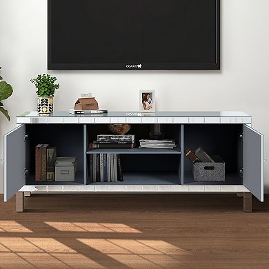 Trikiousd 47 Inch Mirrored TV Stand Media Console with Diamond Glass Doors and Storage