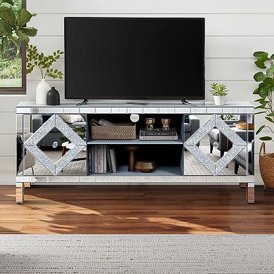 Trikiousd Mirrored TV Stand for 65+ Inch TV, TV Console Table with Storage Cabinets