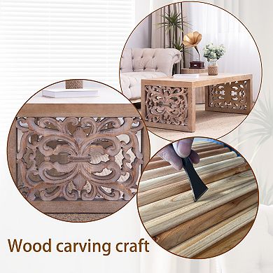 Trikiousd 47.2" Rustic Carved Wood Coffee Table with Ornate Side Panels
