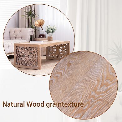 Trikiousd 47.2" Rustic Carved Wood Coffee Table with Ornate Side Panels
