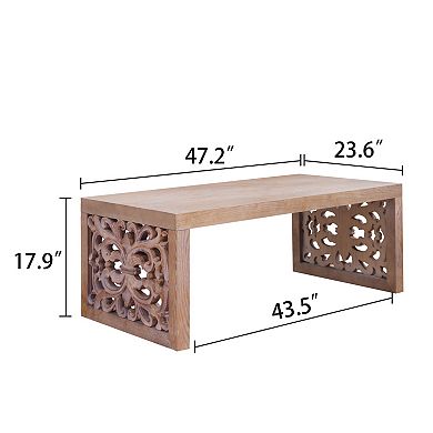 Trikiousd 47.2" Rustic Carved Wood Coffee Table with Ornate Side Panels