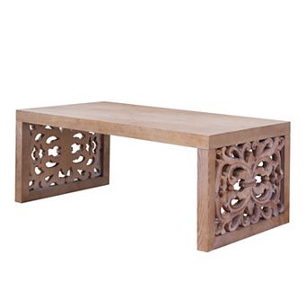 Trikiousd 47.2" Rustic Carved Wood Coffee Table with Ornate Side Panels