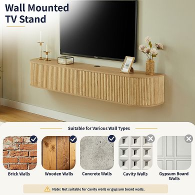 71" Wall Mounted Floating TV Cabinet with Fluted Doors, Media Console with Cable Management Holes