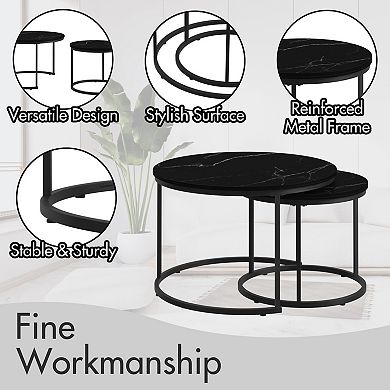 Trikiousd Set of 2 Round Nesting Coffee Tables, End Table Side Tables with Marble Pattern Tops