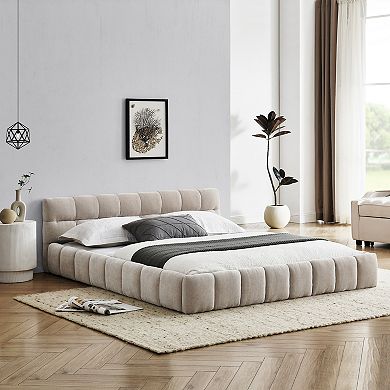 Trikiousd Upholstered Chenille Platform Bed with Headboard, Sturdy Modern Grounded Frame
