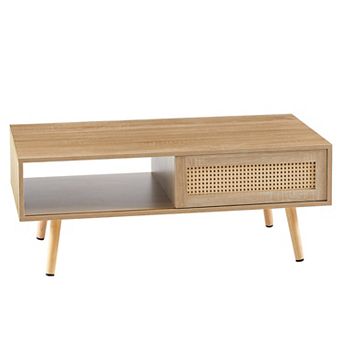 Trikiousd 41.34" Modern Rattan Coffee Table with Sliding Storage Door and Wood Legs