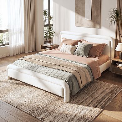 Trikiousd Upholstered Platform Bed Frame with Curved Headboard and Wood Slat Support