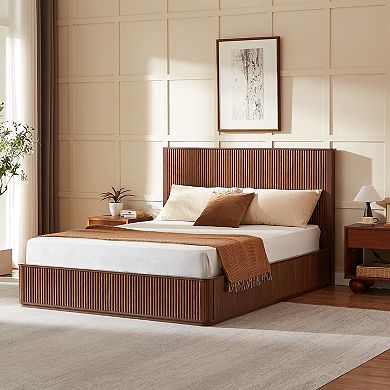 Trikiousd Fluted Wood Grain Platform Bed Frame with 44" Headboard & Bench