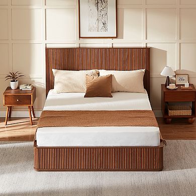 Trikiousd Fluted Wood Grain Platform Bed Frame with 44" Headboard & Bench