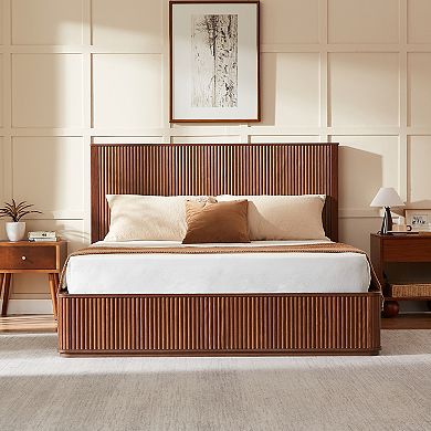 Trikiousd Fluted Wood Grain Platform Bed Frame with 44" Headboard & Bench