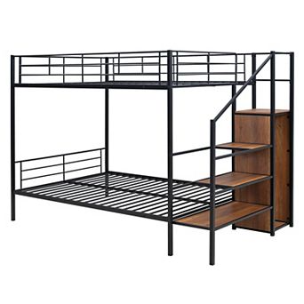 Trikiousd Metal Bunk Bed with Storage Ladder and Wardrobe