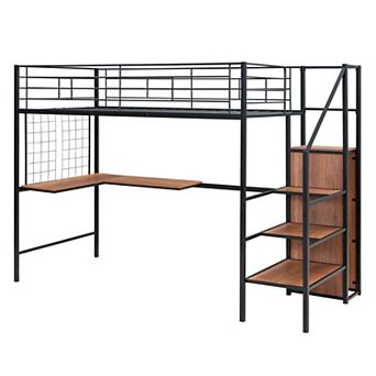 Trikiousd Metal Loft Bed with L-Shaped Desk, Storage Ladder and Wardrobe