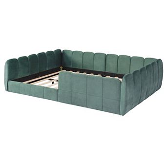 Trikiousd Velvet Upholstered Floor Bed with Safety Guardrail, Low Profile Kids Platform Bed Frame