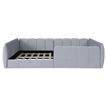 Trikiousd Velvet Upholstered Floor Bed with Safety Guardrail, Low Profile Kids Platform Bed Frame