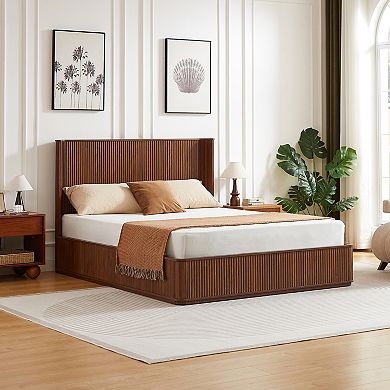 Trikiousd Corrugated Wave Wood Platform Bed Frame with Tall Headboard