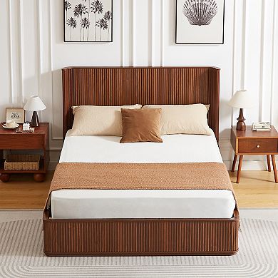 Trikiousd Corrugated Wave Wood Platform Bed Frame with Tall Headboard