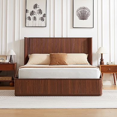 Trikiousd Corrugated Wave Wood Platform Bed Frame with Tall Headboard