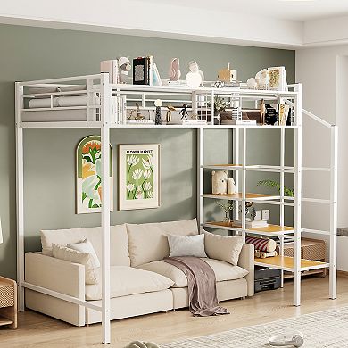 Trikiousd Metal Loft Bed with Storage Ladder and Upper Grid Shelf
