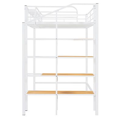Trikiousd Metal Loft Bed with Storage Ladder and Upper Grid Shelf