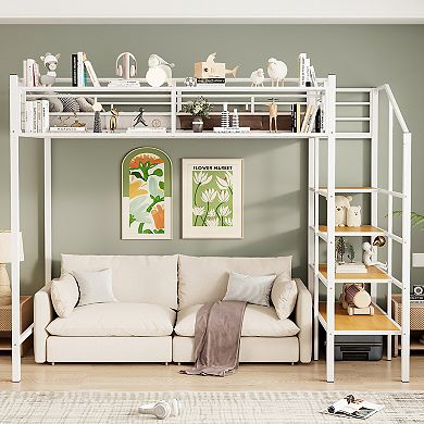 Trikiousd Metal Loft Bed with Storage Ladder and Upper Grid Shelf