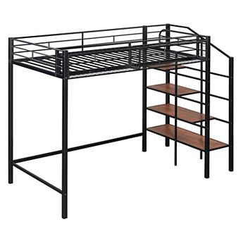 Trikiousd Metal Loft Bed with Storage Ladder and Upper Grid Shelf