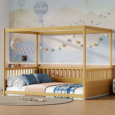 Trikiousd Kids Montessori Canopy Floor Bed Frame with Guardrails