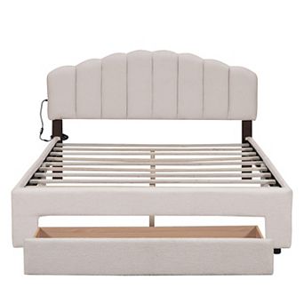 Trikiousd Teddy Fleece Upholstered Platform Bed with Storage Drawer,LED Light,USB Charging Headboard