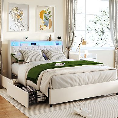 Trikiousd Metal Platform Bed Frame with Ergonomic Headboard, LED Light, Charging Station