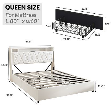 Trikiousd Metal Platform Bed Frame with Ergonomic Headboard, LED Light, Charging Station